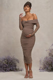 Neva Mocha Bardot Twist Maternity Midi Dress