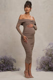 Neva Mocha Bardot Twist Maternity Midi Dress
