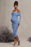 Neva Powder Blue Bardot Twist Maternity Midi Dress