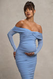 Neva Powder Blue Bardot Twist Maternity Midi Dress