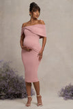 Alyssa Blush Bardot Bow Maternity Midi Dress with Ruching