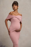 Alyssa Blush Bardot Bow Maternity Midi Dress with Ruching