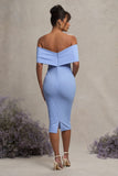 Alyssa Powder Blue Bardot Bow Maternity Midi Dress with Ruching