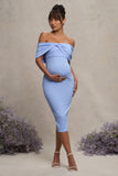 Alyssa Powder Blue Bardot Bow Maternity Midi Dress with Ruching