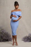 Alyssa Powder Blue Bardot Bow Maternity Midi Dress with Ruching