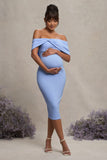Alyssa Powder Blue Bardot Bow Maternity Midi Dress with Ruching
