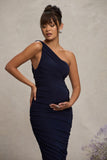 Late Night Navy Maternity Ruched One Shoulder Midi Dress
