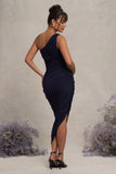 Late Night Navy Maternity Ruched One Shoulder Midi Dress
