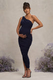Late Night Navy Maternity Ruched One Shoulder Midi Dress
