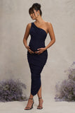 Late Night Navy Maternity Ruched One Shoulder Midi Dress
