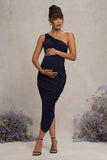 Late Night Navy Maternity Ruched One Shoulder Midi Dress