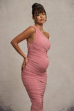 Late Night Blush Pink Maternity Ruched One Shoulder Midi Dress