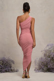 Late Night Blush Pink Maternity Ruched One Shoulder Midi Dress
