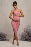 Late Night Blush Pink Maternity Ruched One Shoulder Midi Dress