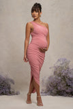 Late Night Blush Pink Maternity Ruched One Shoulder Midi Dress