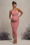 Late Night Blush Pink Maternity Ruched One Shoulder Midi Dress