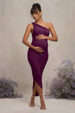 Late Night Plum Maternity Ruched One Shoulder Midi Dress