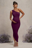 Late Night Plum Maternity Ruched One Shoulder Midi Dress