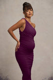 Late Night Plum Maternity Ruched One Shoulder Midi Dress