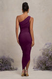 Late Night Plum Maternity Ruched One Shoulder Midi Dress