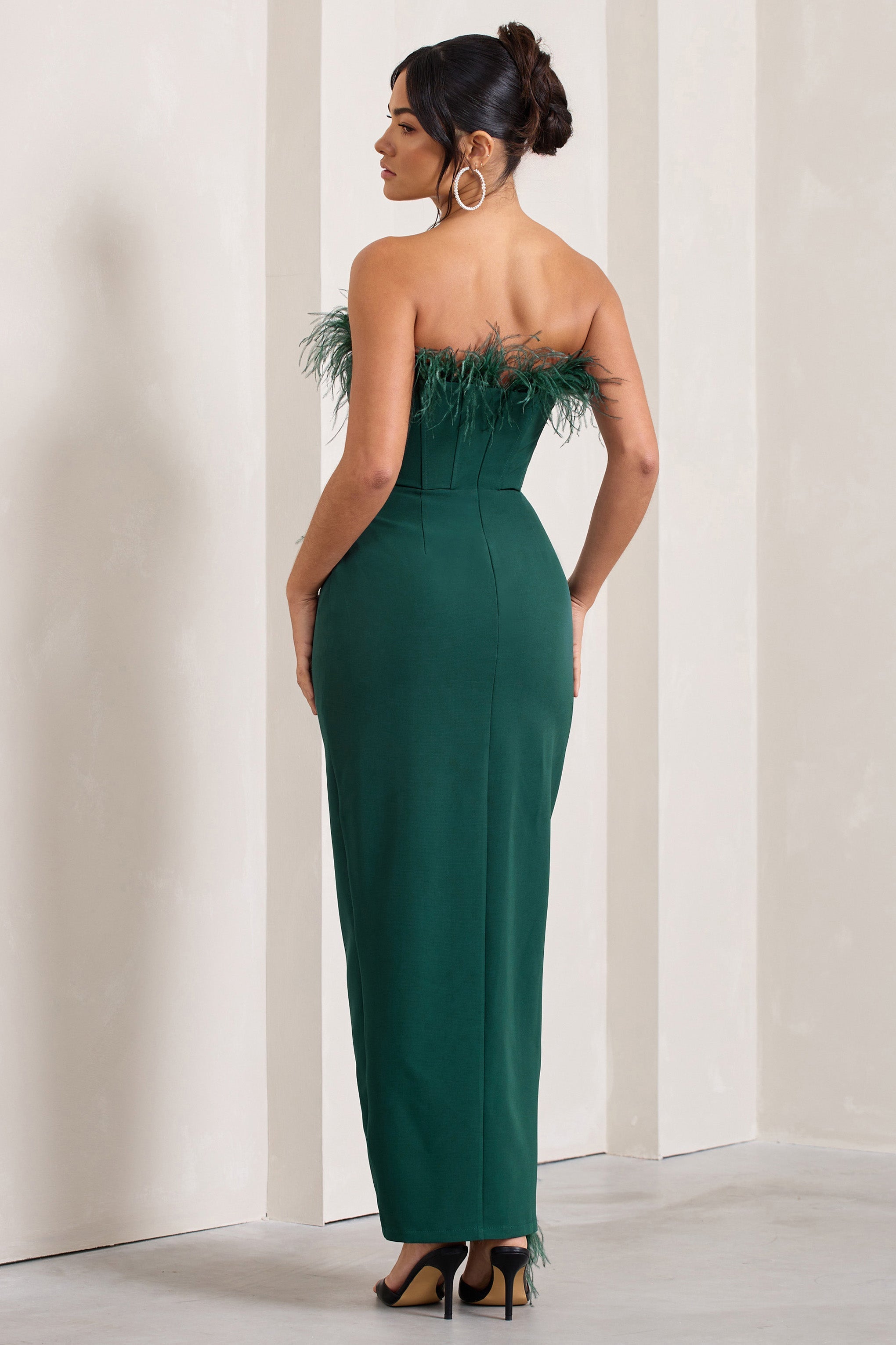 Cosmo Bottle Green Bandeau Feather Corset Split Maxi Dress