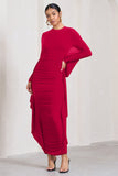 Keva Red Long Sleeve Ruched Maxi Dress with Cape Detailing
