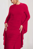 Keva Red Long Sleeve Ruched Maxi Dress with Cape Detailing
