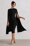 Marysol Black Asymmetric Cape Midi Dress