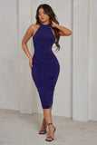 Chrissy Purple Halterneck Ruched Midi Dress