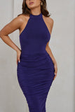 Chrissy Purple Halterneck Ruched Midi Dress