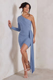 Claudina Blue Asymmetric Long Sleeve Wrap Mini Dress With Statement Drape