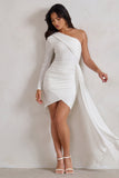 Claudina White Asymmetric Long Sleeve Wrap Mini Dress With Statement Drape