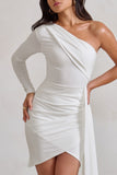 Claudina White Asymmetric Long Sleeve Wrap Mini Dress With Statement Drape