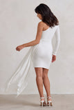 Claudina White Asymmetric Long Sleeve Wrap Mini Dress With Statement Drape