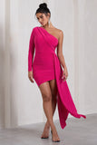 Claudina Hot Pink Asymmetric Long Sleeve Wrap Mini Dress With Statement Drape