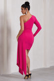 Claudina Hot Pink Asymmetric Long Sleeve Wrap Mini Dress With Statement Drape