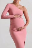 Paloma Pink Maternity One Sleeve Asymmetric Maxi Dress