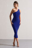 Vineyard Cobalt Blue Asymmetric Backless Bodycon Midi Dress