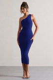 Vineyard Cobalt Blue Asymmetric Backless Bodycon Midi Dress