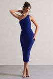 Vineyard Cobalt Blue Asymmetric Backless Bodycon Midi Dress