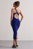 Vineyard Cobalt Blue Asymmetric Backless Bodycon Midi Dress