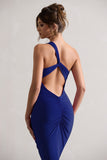 Vineyard Cobalt Blue Asymmetric Backless Bodycon Midi Dress
