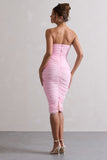 My Girl Pink Strapless Bodycon Ruched Mesh Midi Dress