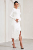 Eternal White Ruched Long-Sleeved Split Maternity Midi Dress