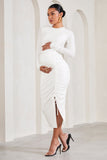Eternal White Ruched Long-Sleeved Split Maternity Midi Dress