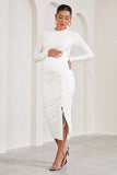 Eternal White Ruched Long-Sleeved Split Maternity Midi Dress