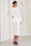 Eternal White Ruched Long-Sleeved Split Maternity Midi Dress