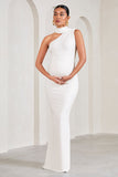 Sylvia White Ruched Asymmetric Maternity Maxi Dress With Wrap-Collar