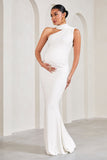 Sylvia White Ruched Asymmetric Maternity Maxi Dress With Wrap-Collar