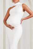 Sylvia White Ruched Asymmetric Maternity Maxi Dress With Wrap-Collar